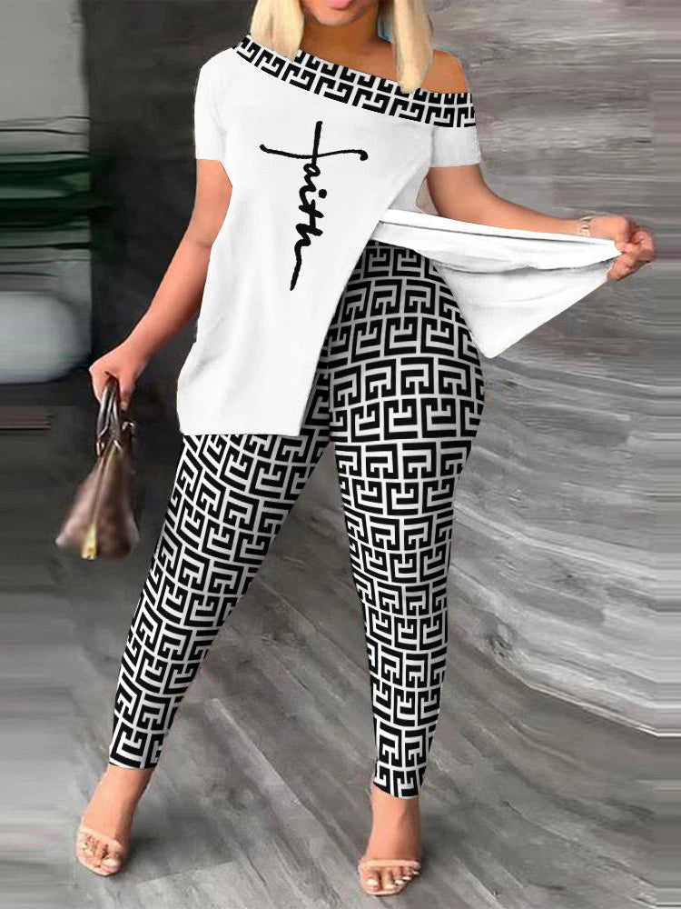 2023 New Set of Two Fashion Pieces for Women Plus Size Faith Geometric Print Split Hem Top & Pants Set Daily Tracksuit