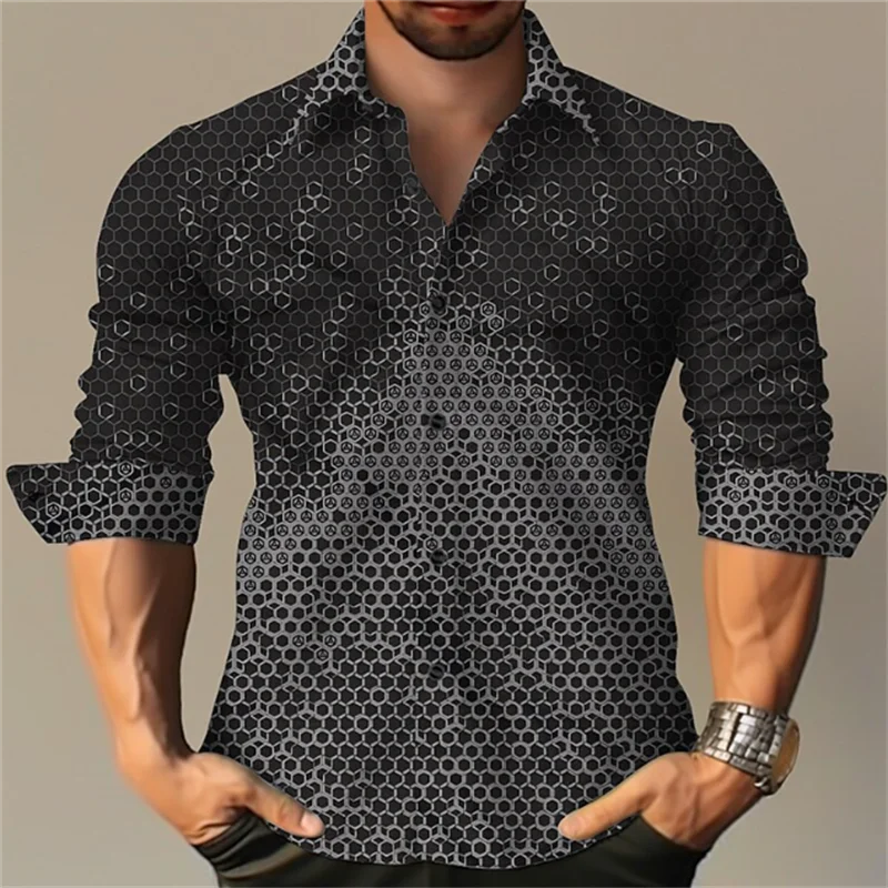 men's T-shirt suit button shirt half splicing trend new geometric flower clear pattern soft and comfortable shirt clothing