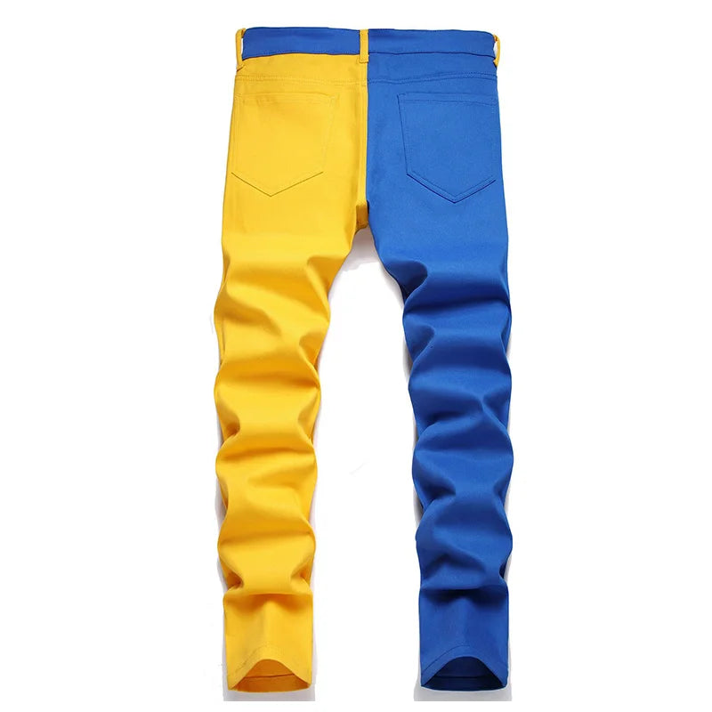 Mcikkny Men Fashion Casual Jeans Pants Color Block Patchwork Denim Trousers Slim Fit