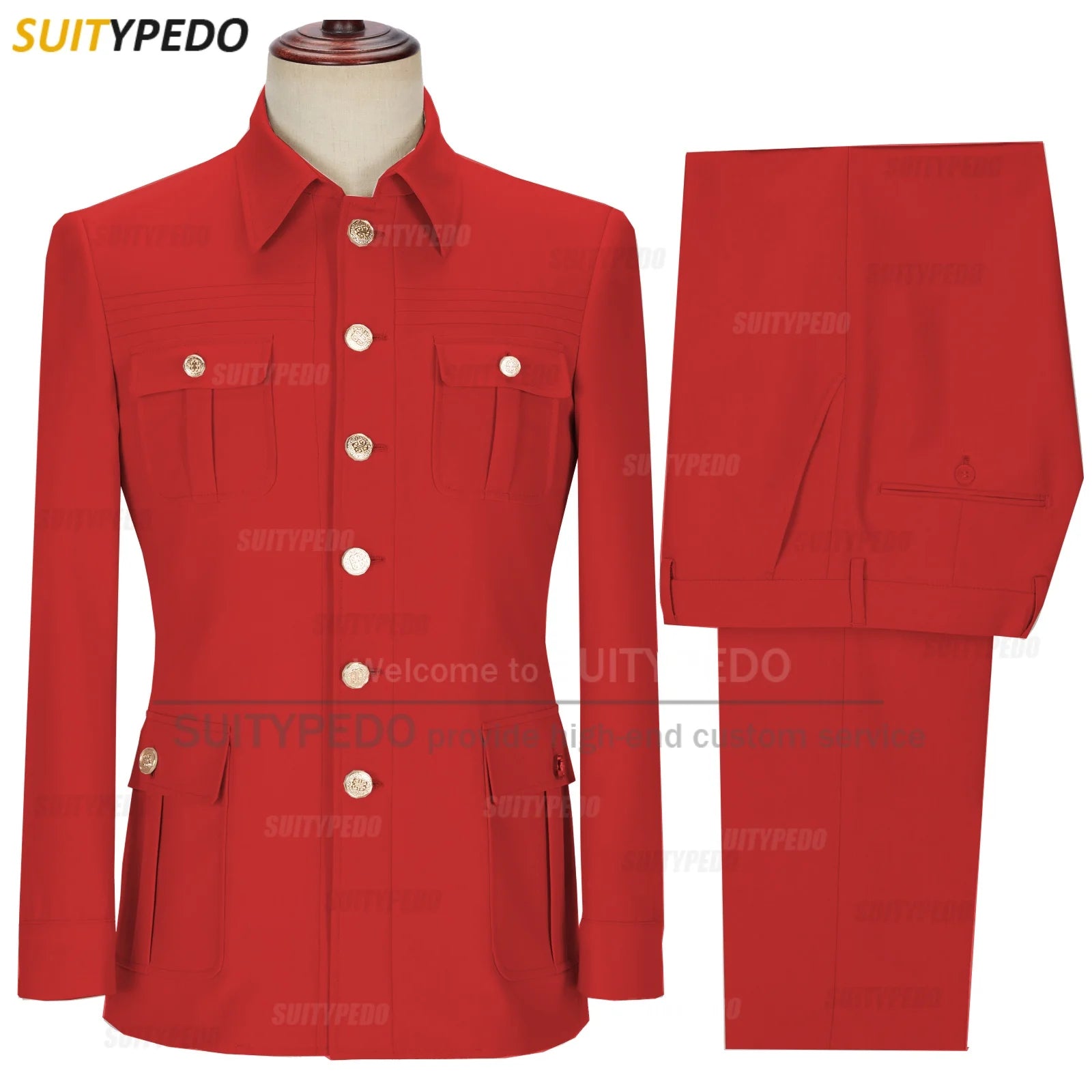 New Arrival  Elegant 2 Piece Slim Fit Men's Suits Fashion Four Pocket Wedding Party Suits（Blazer+Pants) Gold Button Texudos