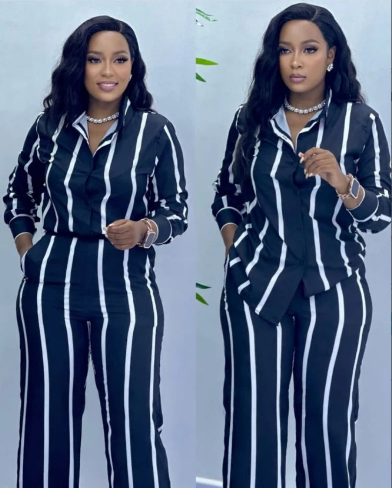 African Fashion Stripe Two Piece Set Women Spring Autumn Casual Button Long Sleeved Shirt Wide Leg Pants Two Piece Set Women