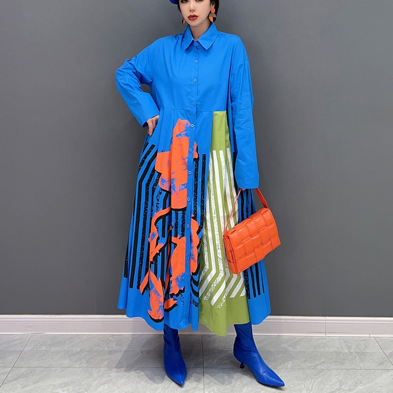 Painted Fashion Loose Fit New Woman Black Blue Printed Striped Shirt Dress Japanese Style Casual Unique Large Dress Robe JJXD377