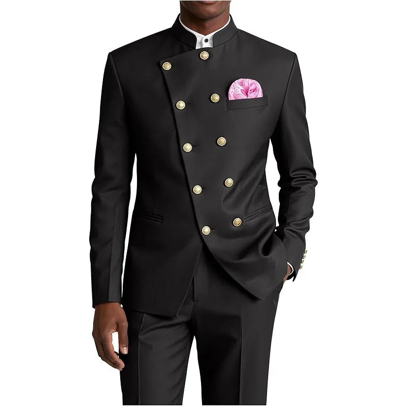 Men's Business Casual Suit 2 Piece Brown Mandarin Collar Double Breasted With Gold Buttons