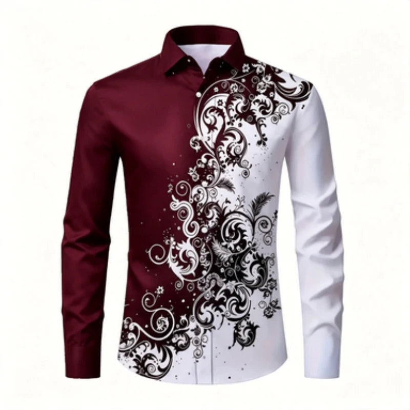 Men's long sleeved shirt, European and American men's printed long sleeved shirt, collared European patterned shirt, trendy casu