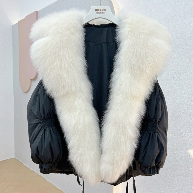 Hot Sales 2023 Women's Winter Coat Short Streetwear Loose Placket High-End Fox Fur Big Fur Collar White Duck Down Down Jacket