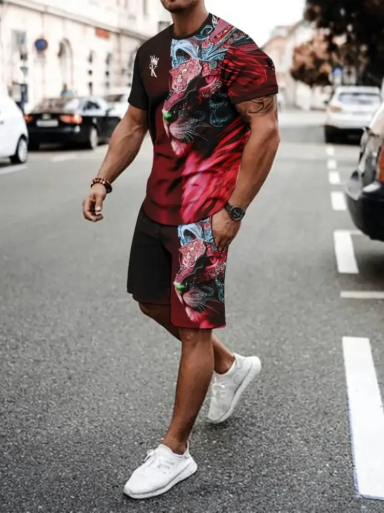 Herren Sommer Kurzarm-Set Hip-Hop Cartoon Bären-Print Kurzarm-Oberteil Shorts Lässiger Zweiteiler Outdoor Urban Street Fashion