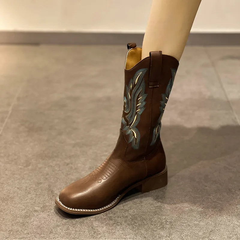 Retro Embroidered Western Boots for Women 2023 Autumn Winter PU Leather Mid-Calf Boots Woman Thick Heeled Cowboy Booties Female