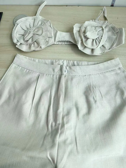 Joskaa Elegant 2 Piece Sets Women Sexy 3D Flower Crop Camisole and Straight Leg Pants Matching  Summer Vacation Streetwear