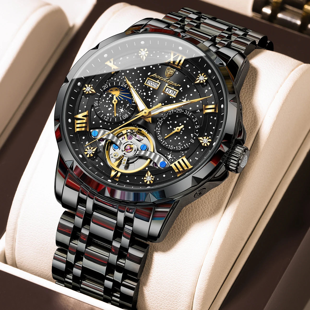POEDAGARTopOriginal Men Clock Automatic MechanicalStainless Steel Men's Watches Calendar Hollow Tourbillon Man Watch Male+Box