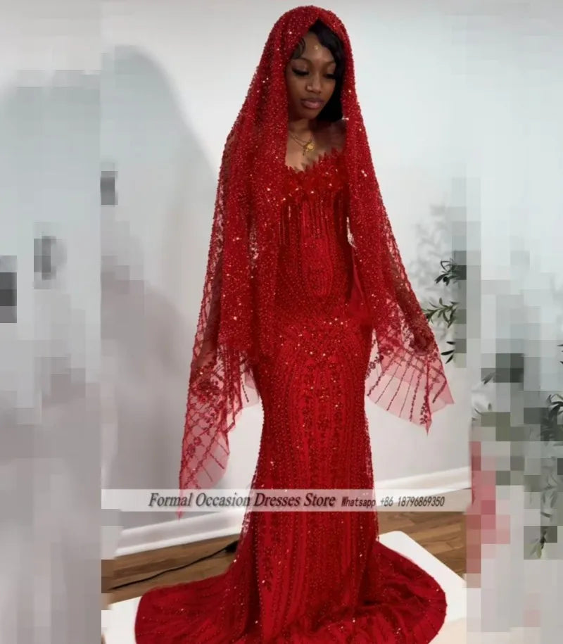 Luxury Red Prom Dresses With Veil 2026 Sequin Beading Black Girls Evening Dress 2025 Sleeveless Birthday Party Gowns Customized