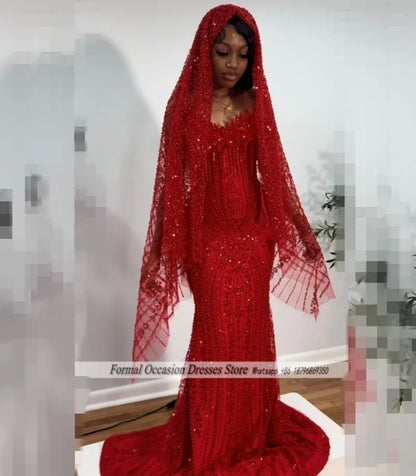Luxury Red Prom Dresses With Veil 2026 Sequin Beading Black Girls Evening Dress 2025 Sleeveless Birthday Party Gowns Customized