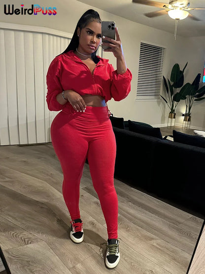 Weird Puss  Autumn Women 2 Piece Set Casual Tracksuit Zipper Thin Drawstring Jacket+Leggings Matching Streetwear Sporty Suit