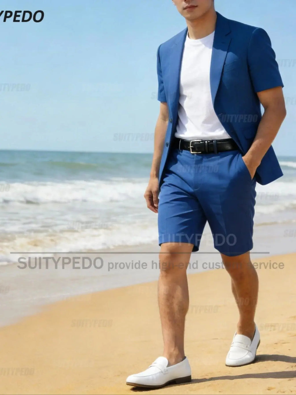 New Design Blue Short Sleeves Blazer And Shorts 2 Pieces Suit Sets For Men Summer Beach Holiday Casual Notch Lapel Suit Attire