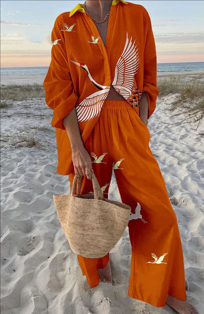 Summer Women New Casual Print Two-piece Set Clothing Seaside Tropical Vacation Style Printed Lapel Shirt + Wide-leg Trousers Set
