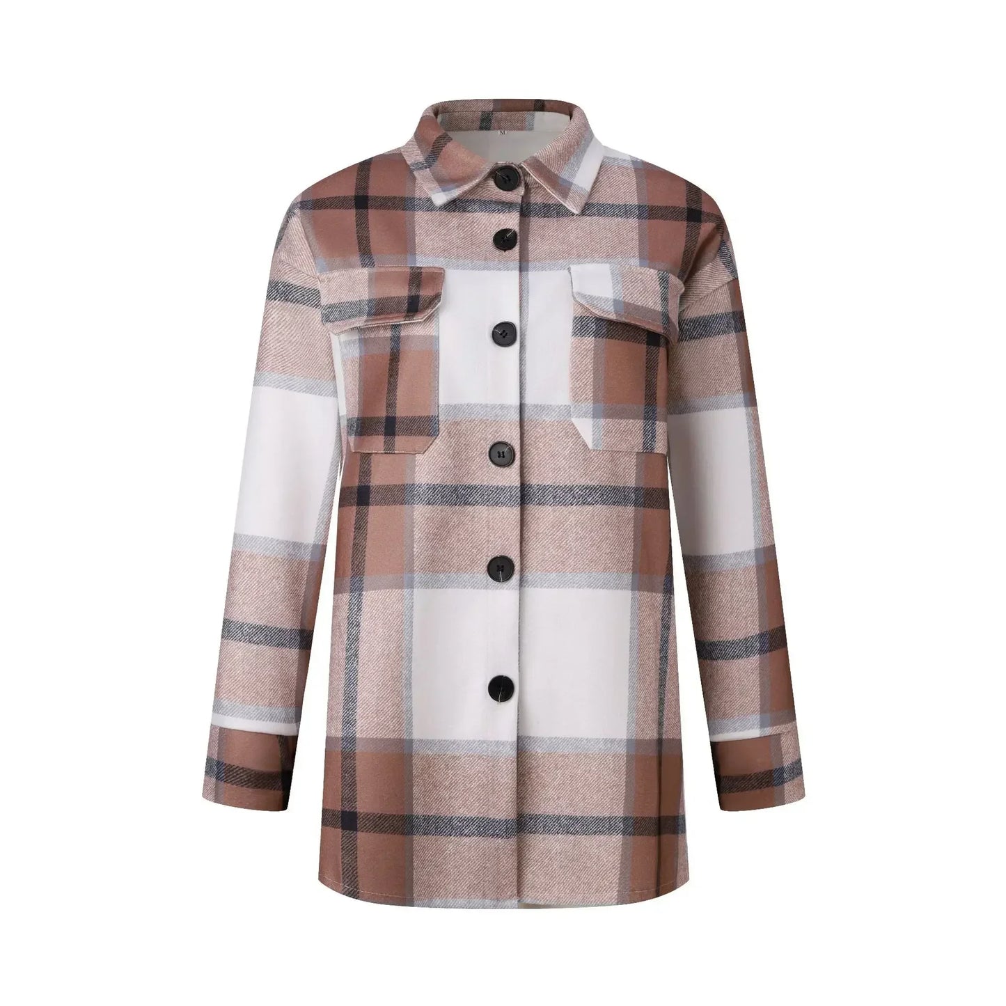 Women Coat Plaid Print Pocket Button Coats Long Sleeve Shacket Autumn Turn Down Collar Single Jacket Breasted Spring Jackets