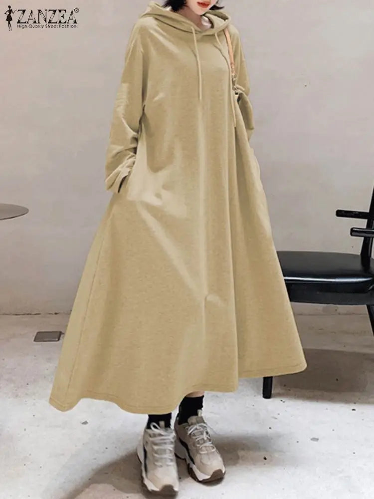 Autumn Hoodies Long Sleeve Sweatshirt Dress ZANZEA Women Winter A-Line Maxi Sundress Casual Hooded Pullover Vestido Oversized