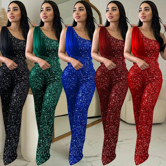 Sequin Luxury Street Jumpsuit Women Sleeveless Sexy Club One Piece Outfit Solid Straight Pant Female Fashion Party Jumpsuit