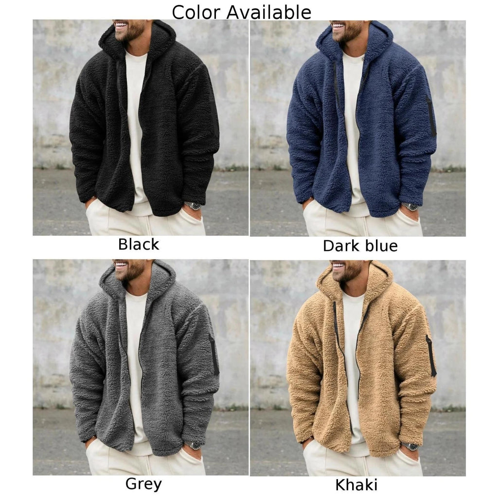 Mens Two-sided Suede Fleece Work Jacket Warm Thermal Winter Hooded Coat Solid Color Outwear Windbreaker