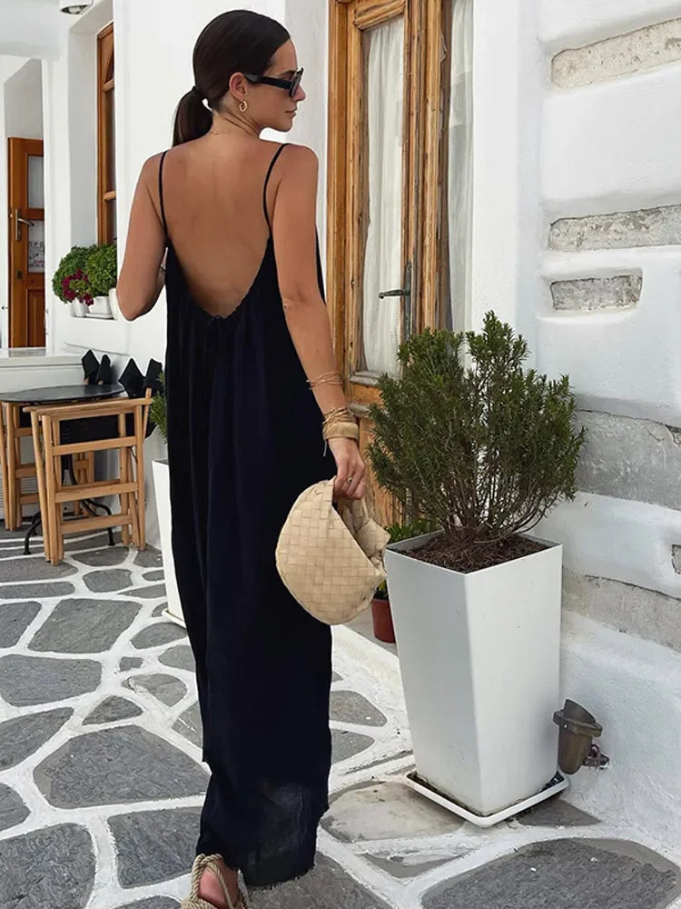 Sexy Backless Lace Up Spaghetti Strap Dress Women Off Shoulder Sleeveless Loose Long Dresses Summer Lady New Beach Vacation Robe