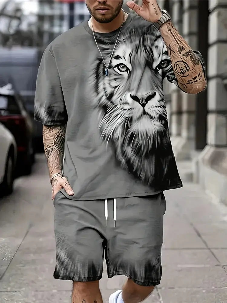 Herren Sommer Kurzarm-Set Hip-Hop Cartoon Bären-Print Kurzarm-Oberteil Shorts Lässiger Zweiteiler Outdoor Urban Street Fashion