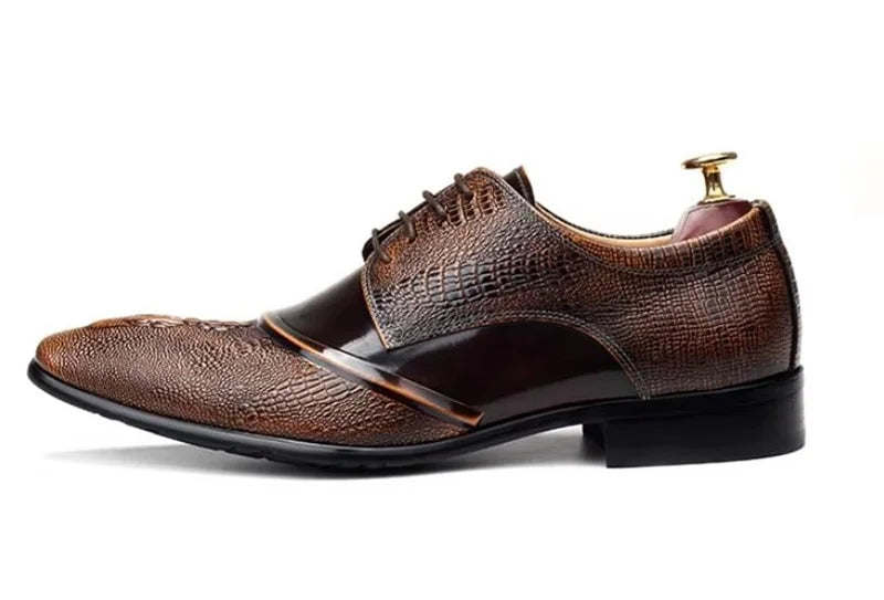 Elegante Herren-Lederschuhe, spitze Zehenpartie, Schnürung, Krokodilmusterprägung, Echtleder, formelle Schuhe, Hochzeitsschuhe, Gesellschaftsschuhe