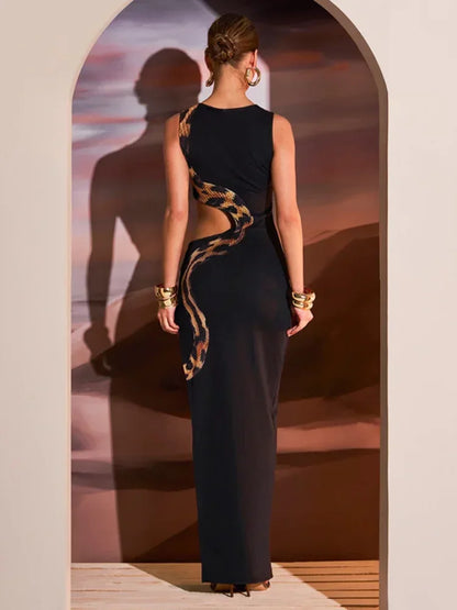 Fashion Black Snake Printed Hollow Out Long Dress Women Sexy O Neck Sleeveless High Split Slim Robes  Lady Party Night Gowns