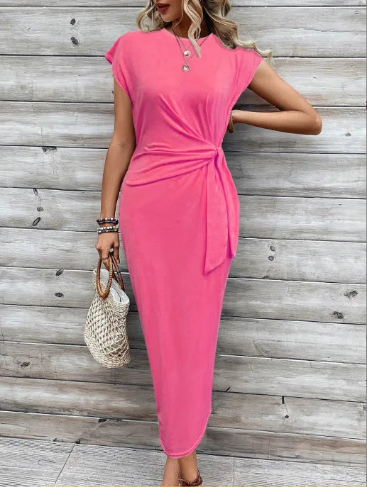 Elegant And Elegant Waist Lace Up Striped Round Neck Short Sleeve Long Dress Summer Party Bodycon Women's Dresses