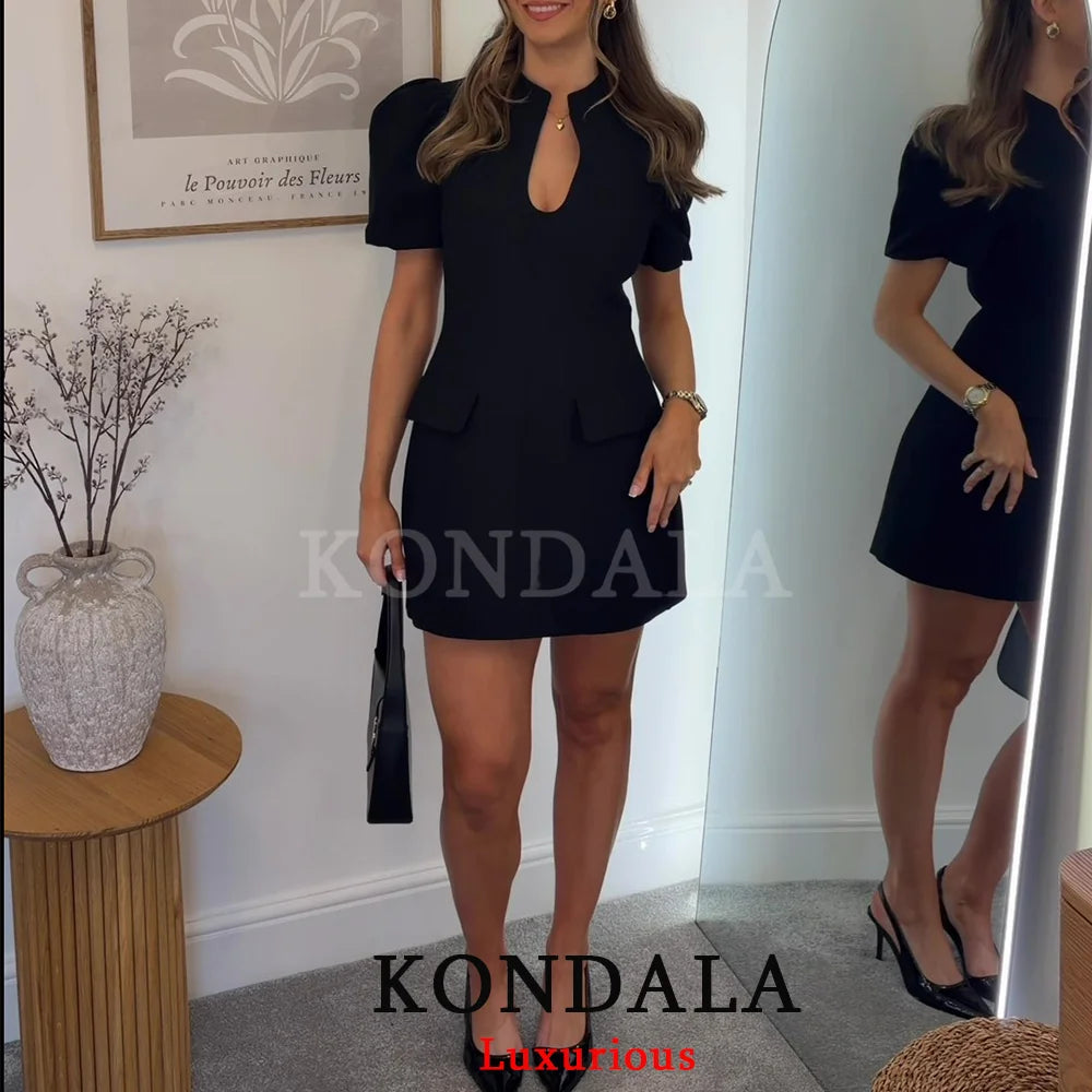 KONDALA Elegant Holiday Chic Women Mini Dress Black O-Neck Zipper Short Puff Sleeve Dress Fashion 2026 Spring Summer Party Dress