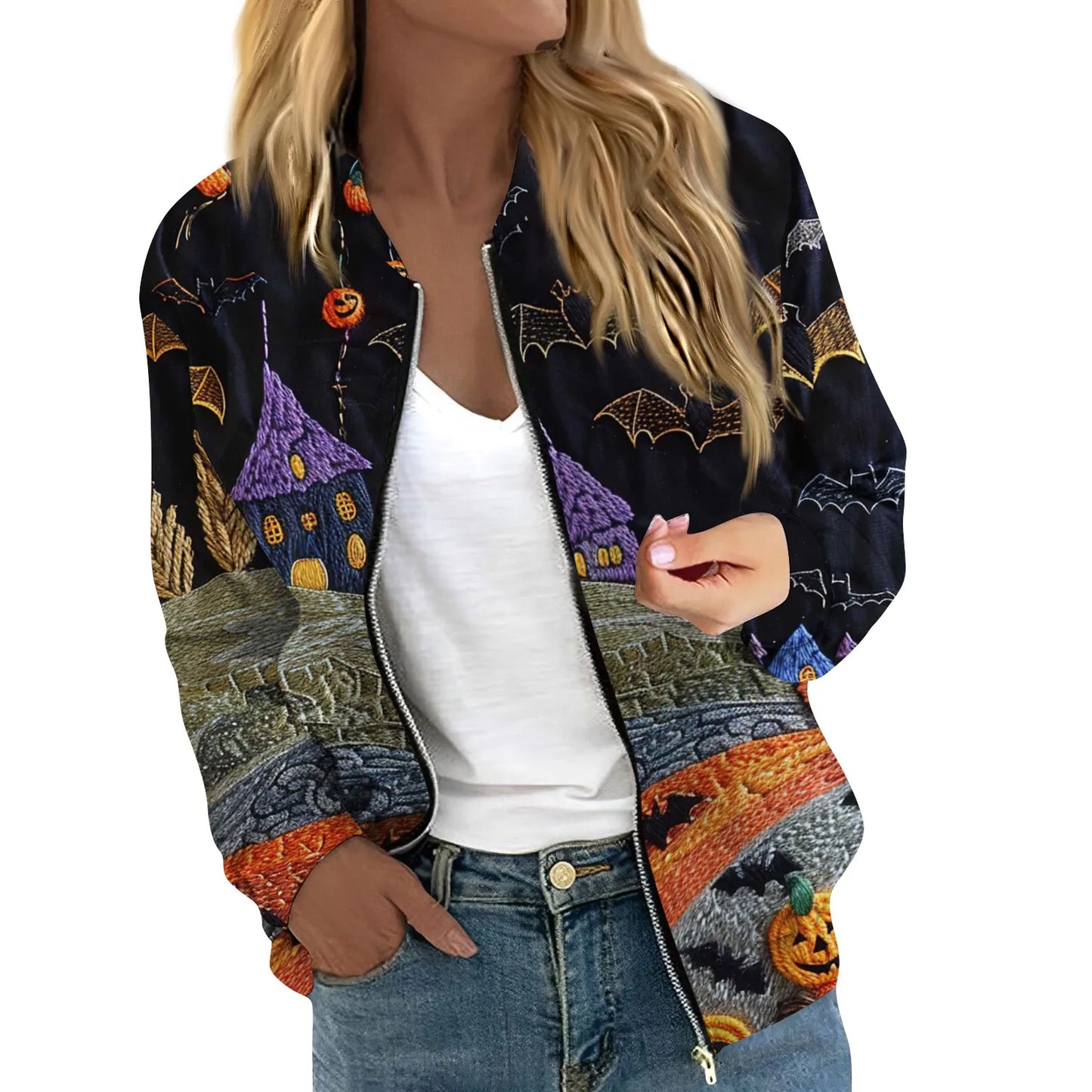 Women's Halloween Print Jacket Fashion Casual Long Sleeve O-Neck Zipper Jackets Top Fall all-match coat Women's autumn clothes