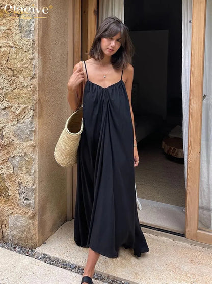 Clacive Summer Loose Black Women'S Dress  Fashion Strap Sleeveless Ankle-Length Dresses Elegant Backless Female Sundress