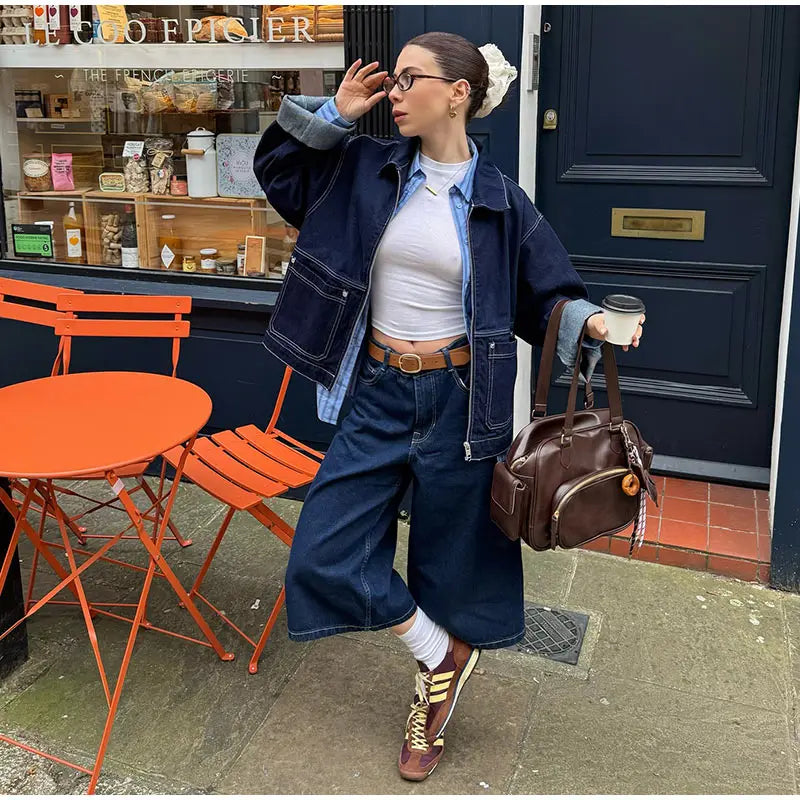 Fashion Denim Jacket Set Women Lapel Single Breasted Long Sleeve Coat Straight Jeans Pants 2025 Spring Lady  High Street Outfits