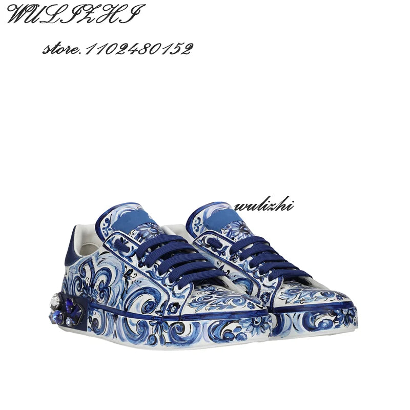 Ink Blue Graffiti Wave Gem Sneakers Couple Spring Sports Men Flat Women Lace Totem Comfortable Leather Round Toe Printed Shoes