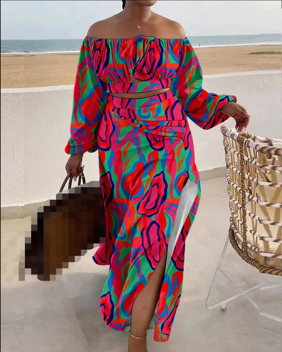 Casual Off Shoulder Suit Sexy Split Printing Loose Long Skirt Two Piece Set For Women Vacation Summer Outfits Vestido Feminino