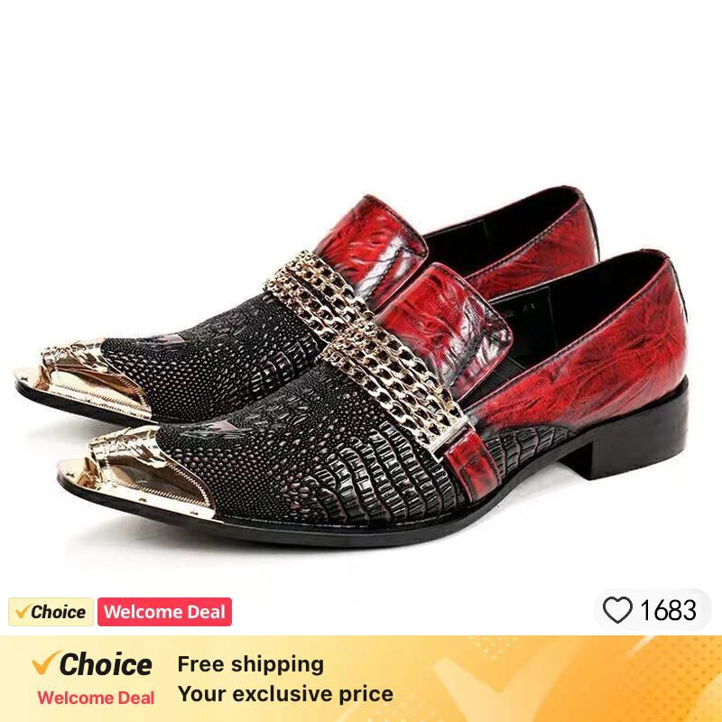 new arrival red genuine leather pointed toe metal tip crystal  handmade men leather dress shoes fashion hairdresser shoes