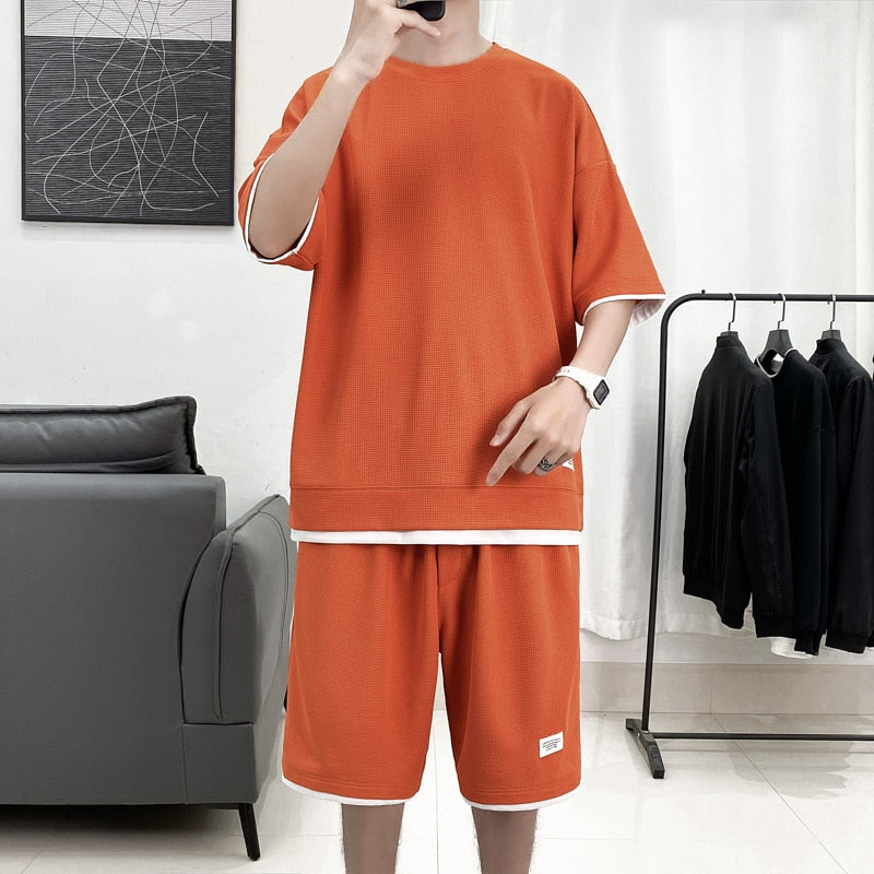 Legible Summer Solid Shorts Sets Men Casual Two Pieces Short Sleeve T Shirts and Short Pants Man