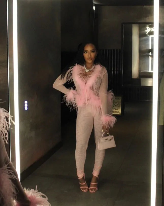 CM.YAYA Fashion Mesh See Though Women's Set Feather Side Long Sleeve Crop Top and Legging Pants  Sexy Two 2Piece Sets Outfit