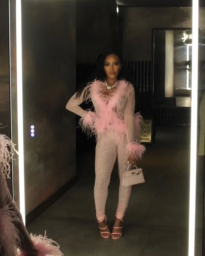 CM.YAYA Fashion Mesh See Though Women's Set Feather Side Long Sleeve Crop Top and Legging Pants  Sexy Two 2Piece Sets Outfit