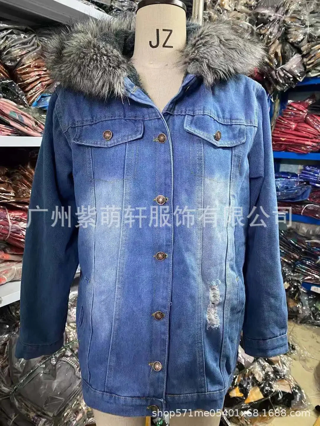 Autumn Women Fashion Denim Coats Retro Big Fur Collar Denim Jacket Temperament Hole Distressed Stitching Jackets Coat 2024