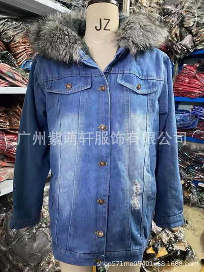 Autumn Women Fashion Denim Coats Retro Big Fur Collar Denim Jacket Temperament Hole Distressed Stitching Jackets Coat