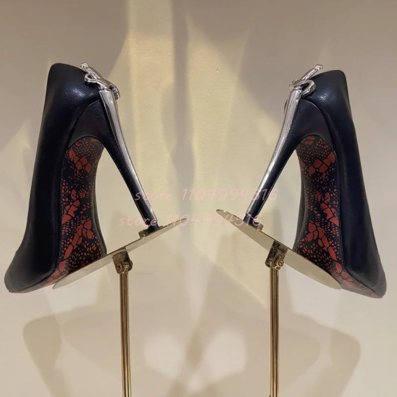 Women Sexy Pointed Toe Stiletto High Pumps Metal Decor Leather Super High Heels  Fashion Party Ladies Summer Gladiator Shoes