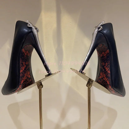 Women Sexy Pointed Toe Stiletto High Pumps Metal Decor Leather Super High Heels  Fashion Party Ladies Summer Gladiator Shoes
