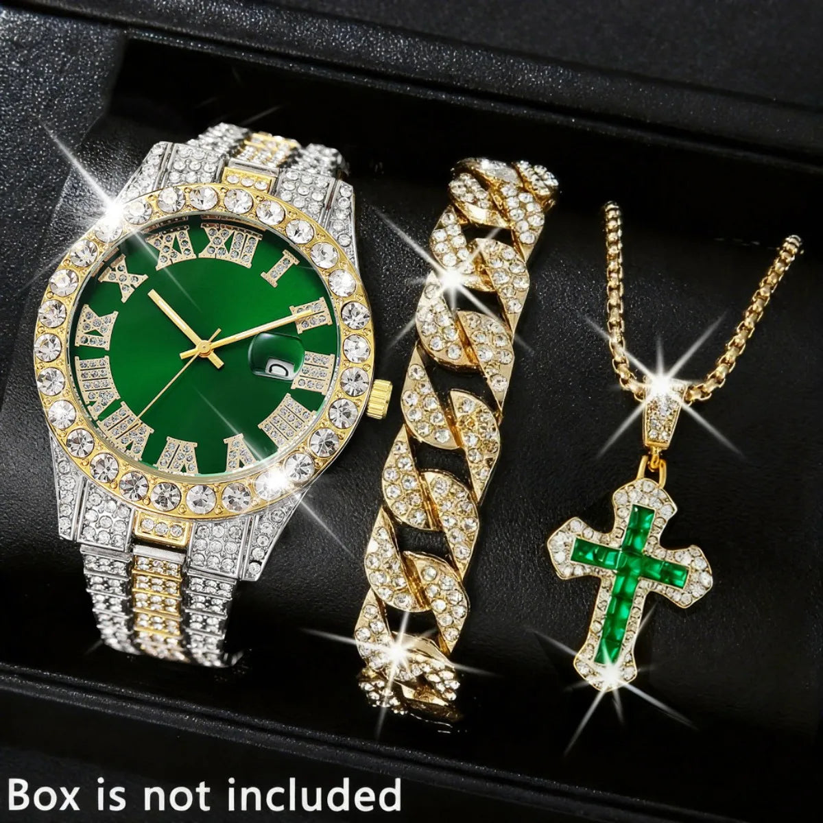 3PCS Luxury Full Diamond Men Watch Bracelet Necklace Set Fashion Hip Pop Men's Calendar Quartz Watches Reloj Mujer?Without Box?
