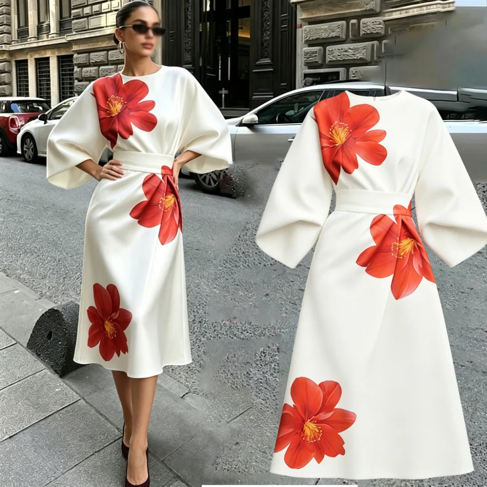 2026 New Women's Elegant Tie-Dye Dress, Smooth Satin Round Neck with Puff Sleeves and High-Waisted Belt, Deep Red Floral Print, US Sizing, Shipped from US Warehouse, Fast Delivery, Luxurious Minimalist Spring/Summer Dress, Pe