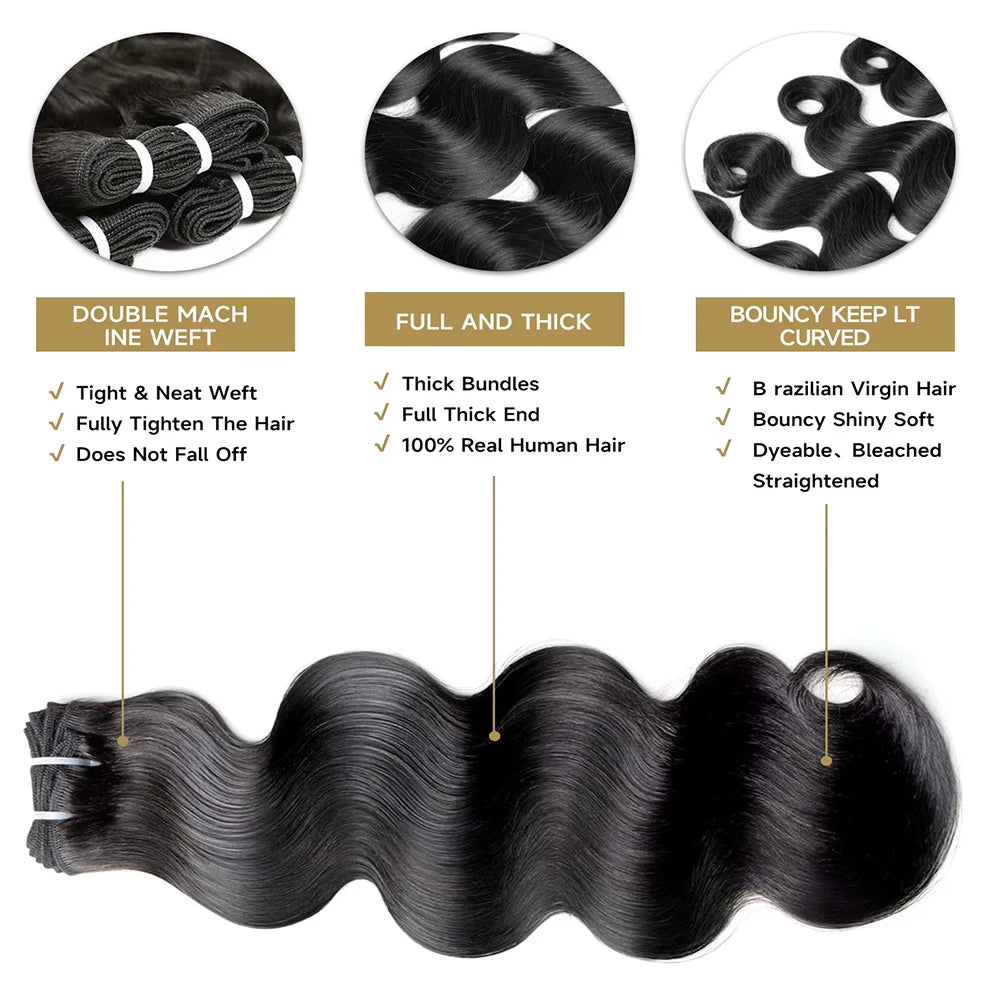 28 30 Inch Body Wave 100% Human Hair Bundles 16A Raw Virgin Brazilian Hair Weaving Bundle Unprocessed Remy Hair Extensions 1 3 4 Pcs Natural Black Color Pure Weave Bundles