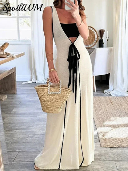 Elegant Tie Knitted Deep V-neck Long Dress Women Sexy Slim Sleeveless Contrasting Robes  Summer Lady Evening Party Vestidos