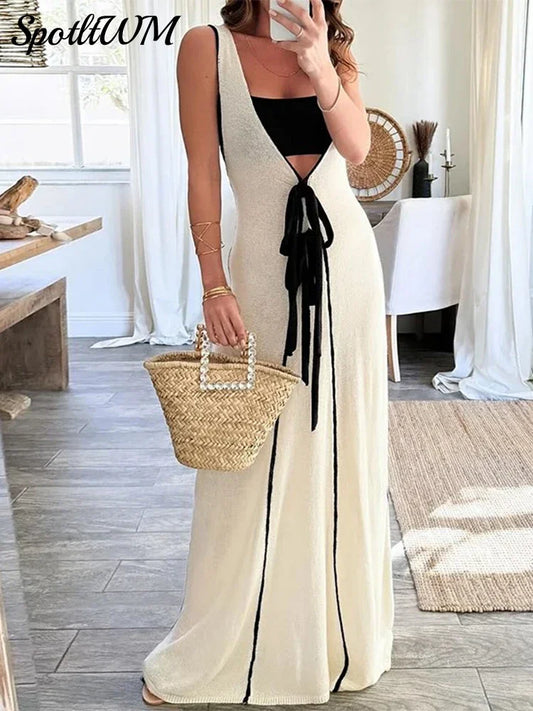 Elegant Tie Knitted Deep V-neck Long Dress Women Sexy Slim Sleeveless Contrasting Robes 2024 Summer Lady Evening Party Vestidos