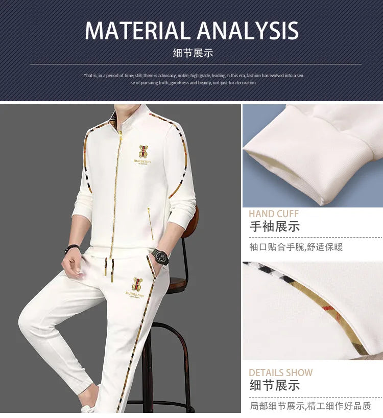 Men's Luxury Sports Suit Cardigan Zipper Sweatshirt Sweatpants Suit Autumn Winter Fashion Stand Up Collar Cotton Casual Clothing