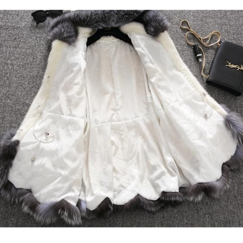 Faux Fur Coat Women's Autumn and Winter Mink Fur Coat Fox Collar Hooded Jacket Top Fur Women's Christmas Dress Autumn and Winter