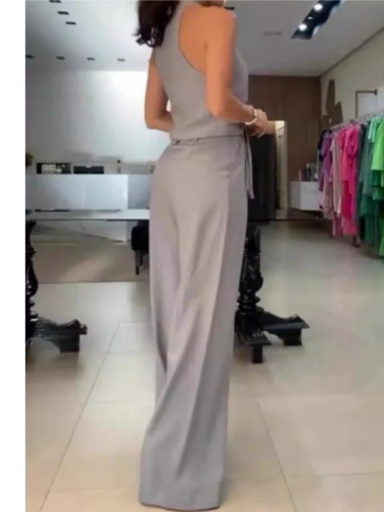 Women's Two Piece Sets Womens Outfits New in Fashion Sleeveless Suits Shirt High Waist Wide Leg Pants Clothing for Women 2024