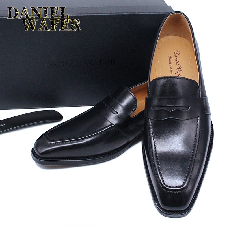 Luxury Men Penny Loafers Genuine Leather Slip On Red Black Casual Business Dress Shoes Mens Wedding Party Office Fashion Shoes